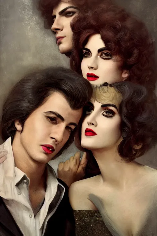 Image similar to a portrait of handsome young male 1960s glam rock star and his elegant beautiful glam witch wife, bored, illustration, dramatic lighting, soft details, painting oil on canvas, art nouveau, octane render, HDR, 4k, 8k, HD, by Edmund Blair Leighton, Brom, Charlie Bowater, trending on artstation, faces by Tom Bagshaw, Sargent