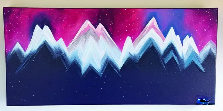 Prompt: a beautiful abstract acrylic painting of geometric mountain tops made of nebula by viktoria lapteva