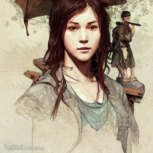 Image similar to Sarah from TLOU, highly detailed, digital painting, artstation, concept art, smooth, sharp focus, illustration, ArtStation, art by artgerm and greg rutkowski and alphonse mucha and J. C. Leyendecker and Edmund Blair Leighton and Katsuhiro Otomo and Geof Darrow and Phil hale and Ashley wood and Ilya repin and Charlie Bowater
