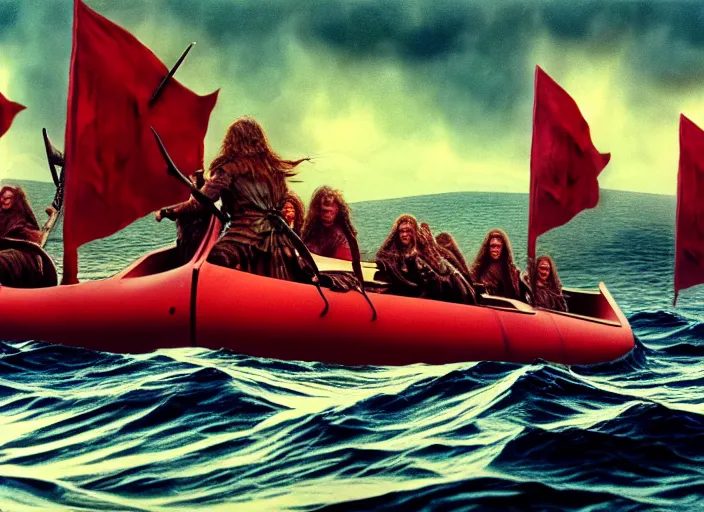 Prompt: photo of beautiful angry viking women in speed boats invading scottland, by richard corben by william eggleston by annie leibovitz, fujifilm velvia 5 0. masterpiece. intricate, hyper realism, high detail, octane render, unreal engine, 8 k, by katsuhiro otomo