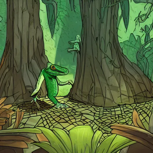 Prompt: lizard wizard walking around in magical forest about to be ambushed