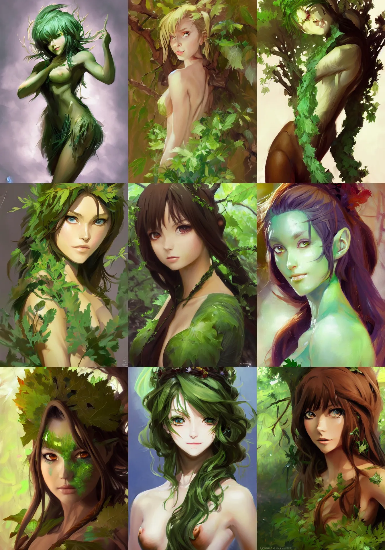 Prompt: greg manchess a realistic anime portrait of a beautiful dryad with glowing green eyes and tree bark skin wearing clothes made of leaves, anime anime anime, digital painting, by stanley artgerm lau, sakimichan, wlop and rossdraws, digtial painting, trending on artstation