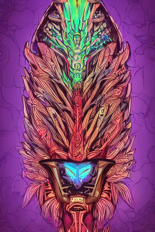 Image similar to totem animal tribal chaman vodoo mask feather gemstone plant wood rock video game illustration vivid color borderlands by josan gonzales and dan mumford radiating a glowing aura