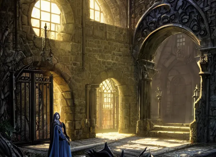 Image similar to a huge courtyard with gates and a beautiful witch queen, detailed 4 k painting, dramatic light, style of gerald brom