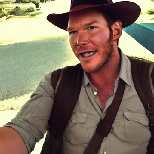 Image similar to chris pratt as indiana jones taking a selfie with harrison ford, instagram, cinematic, natural lighting, genuine smile