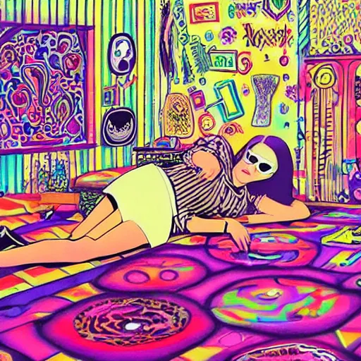 Prompt: rocker goth teen girl wearing sunglasses laying on the floor, writing on journal. 1970s colorful psychedelic bedroom. Trippy. Realistic. Moscoso background