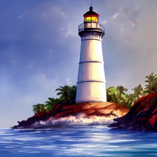 Prompt: painting of islands of adventure lighthouse, artstation