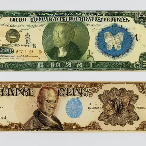 Prompt: various currency depicting moths