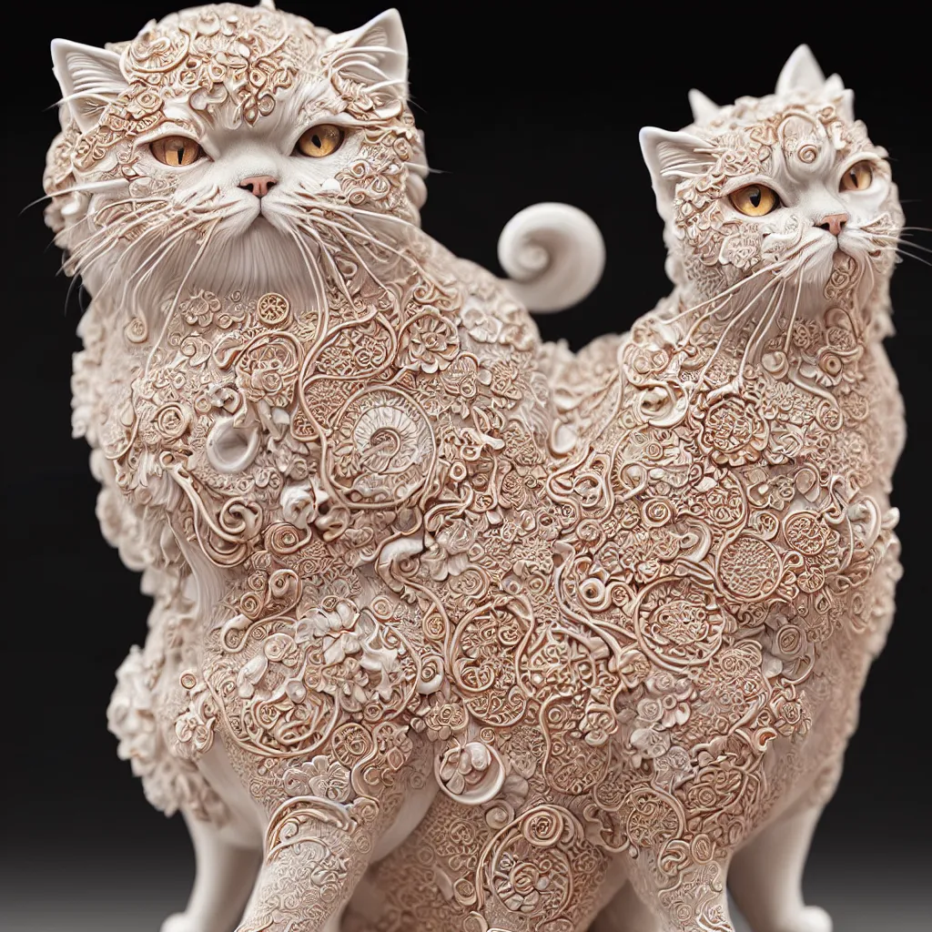 Prompt: a single close up photo - real delicate ceramic porcelain sculpture of an ornate symmetrical persian cat detailed in front of an intricate background by victo ngai and takato yamamoto, micro detail, backlit lighting, face in focus, subsurface scattering, translucent, thin porcelain, octane rendered, colorful, physically based rendering, japanese pottery, trending on cgsociety