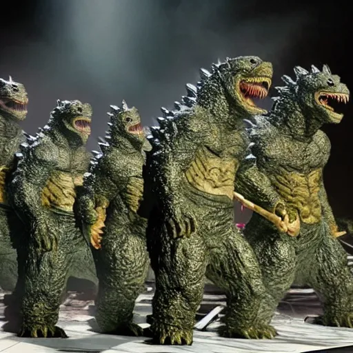 Image similar to army of godzilla on stage, smoking weed