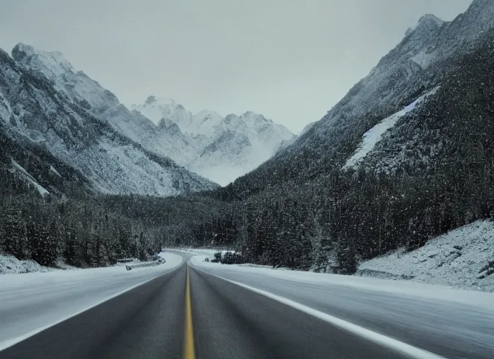 Prompt: A very high resolution image from a new movie, landscape from a car window , mountains, snowy, snowy mountains, Polaroid, directed by wes anderson