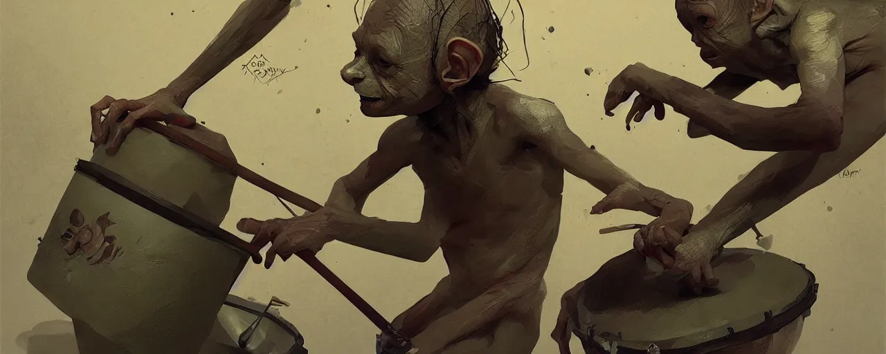 Prompt: duotone olive illustration 3 / 4 portrait of gollum playing drums composition accidental renaissance golden ratio. by sachin teng and sergey kolesov and ruan jia and heng z. graffiti art, scifi, fantasy, hyper detailed. octane render. concept art. trending on artstation