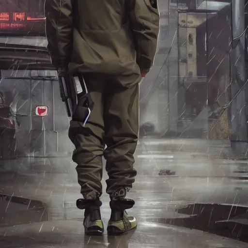 Image similar to A broad shouldered, muscular man wearing Acronym p-31 Ds pants and beige-earth Parka jacket and Nike Acronym presto sneakers, AWP sniper rifle slinging on back trending on r/techwearclothing, high quality, digital art, dirty cyberpunk city, rain, greg rutkowski