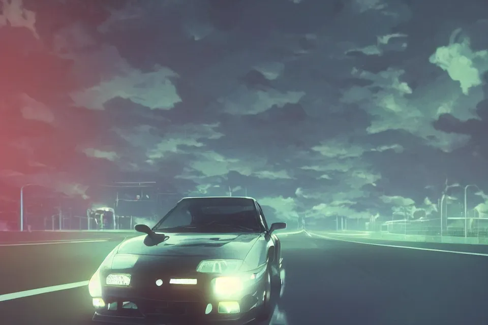 Image similar to aesthetic illustration of ryosuke takahashi with black hair wearing a dark blue shirt standing near white mazda rx 7 on an empty highway at dusk, cinematic lighting, detailed anime face, high detail, 9 0 s anime aesthetic, volumetric lights, unreal engine 5 render, pinterest wallpaper, trending on artstation