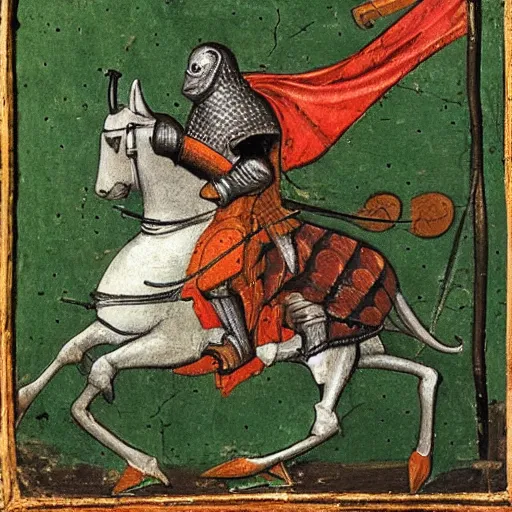 Prompt: knight riding on a frog, medieval painting