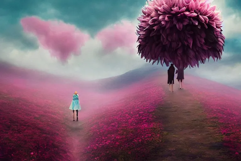 Image similar to giant dahlia flower crown head, woman walking on mountain, surreal photography, pink storm clouds, dramatic light, impressionist painting, digital painting, artstation, simon stalenhag