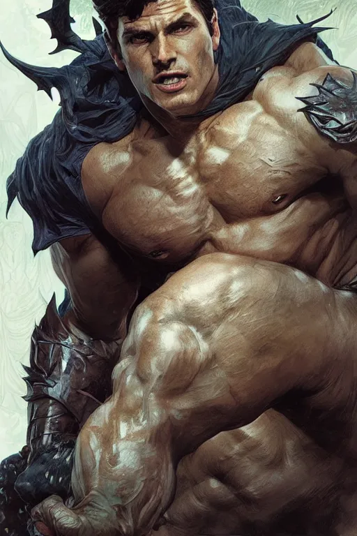 Image similar to portrait of bruce wayne as a hulking herculean demon, forest, godlike, full body, fantasy, intricate, elegant, highly detailed, digital painting, artstation, concept art, sharp focus, illustration, art by artgerm and greg rutkowski and alphonse mucha