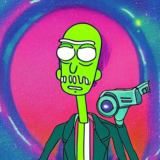 Image similar to portrait of alien rick holding a cybernetic rifle, rick and morty forever and forever a hundred years! g