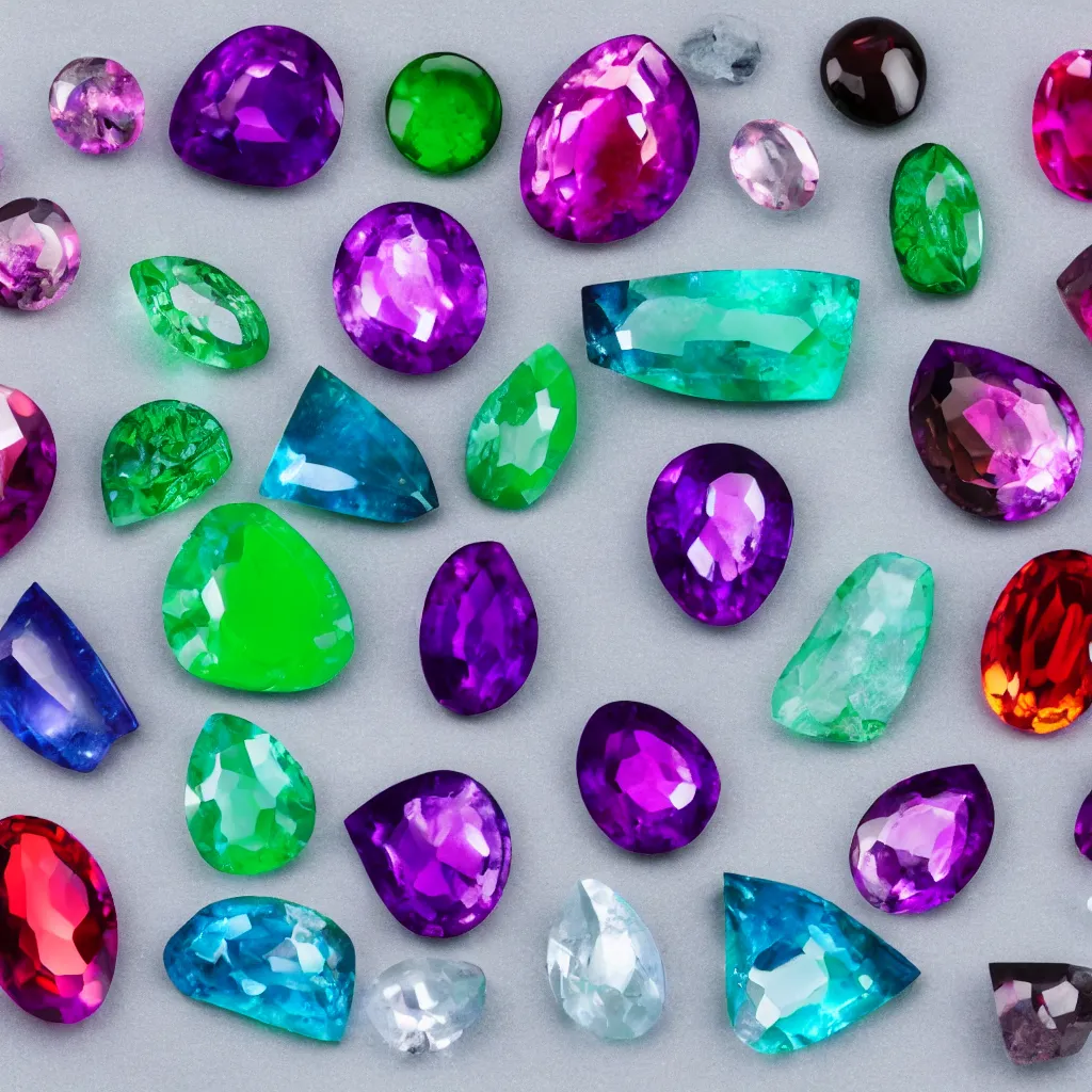 Prompt: collection of alien gemstones with levitating properties, professional studio photography, white backdrop, light refraction, chromatic aberration, bokeh,