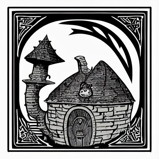 Image similar to square sticker of a hobbit palace, by joe fenton and mike mignola, white background, masterpiece, b & w