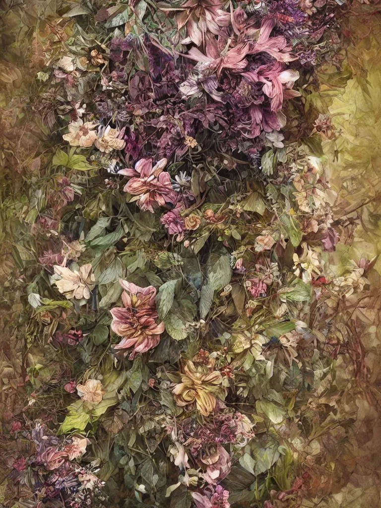 Image similar to a chaotic whirlwind of exotic forest flowers and leaves, intricate details, aesthetically pleasing and harmonious natural colors, art by marco mazzoni, impressionism, detailed, dark, spring, flowers