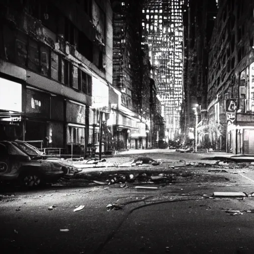 Image similar to photo of abandoned destroyed New York city street at night after the war between humans and AIs, film grain, soft vignette, Canon EOS Digital Rebel XTi, 100-300mm Canon f/5.6, Exposure time: 1/160, ISO 400
