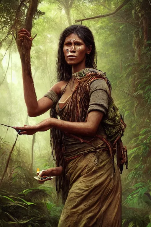 Prompt: a beautiful portrait of an ashaninka woman taking tobacco snuff in the jungle, hyper realistic face, fantasy art, in the style of greg rutkowski, intricate, matte painting, hyper detailed, smooth