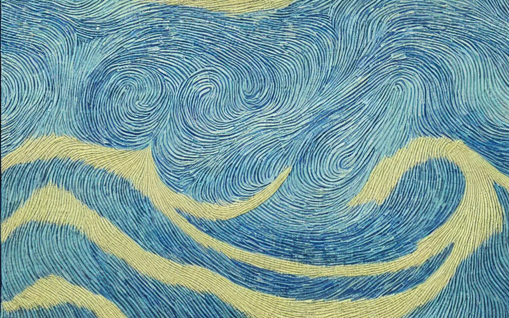 Image similar to rainy streets of kyoto, fractal waves. japanese embroidery. retro minimalist art by jean giraud and van gogh.