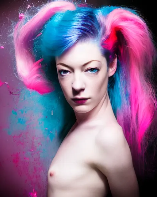Prompt: a dramatic lighting photo of a beautiful young woman stoya with cotton candy hair. paint splashes. with a little bit of cyan and pink