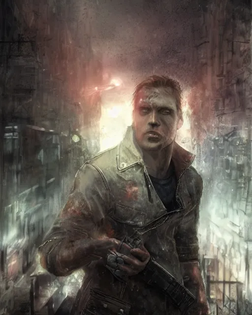 Prompt: battle hardened, charismatic, rugged leon kennedy, face centered portrait, confident, ruined cityscape, zombies, fog, rain, volumetric lighting, soft light particles floating near her, illustration, perfectly shaded, soft painting, art by leesha hannigan, ross tran, thierry doizon, kai carpenter, ignacio fernandez rios