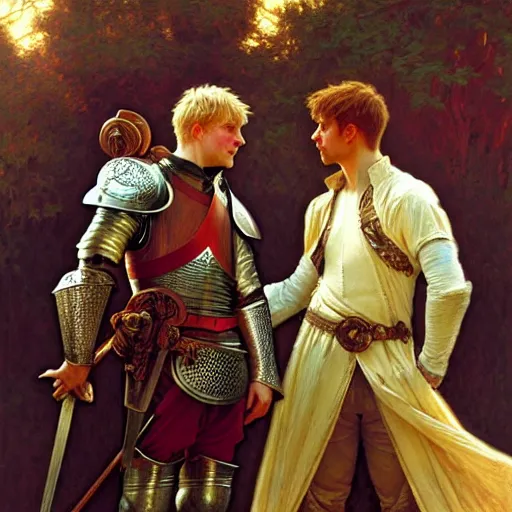 Image similar to attractive arthur pendragon and his attractive male knight, they are in love, natural lighting, path traced, highly detailed, high quality, digital painting, by gaston bussiere, craig mullins, alphonse mucha j. c. leyendecker