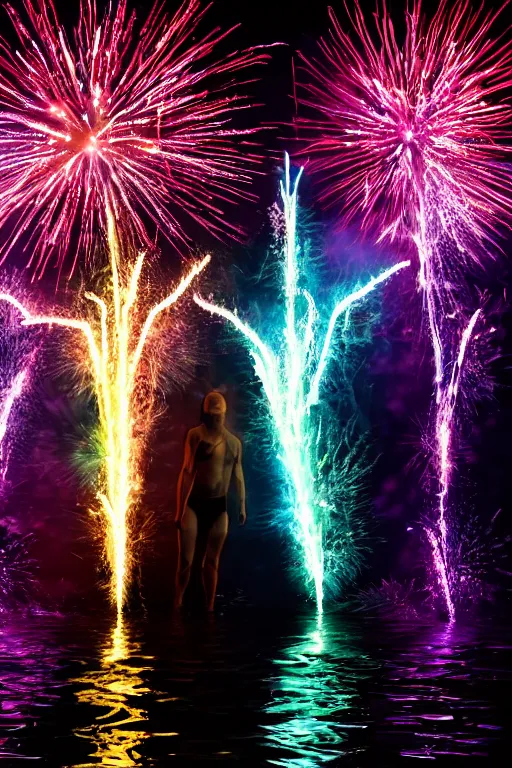 Prompt: ravers standing in water with fireworks in background, full body, silhouette, reflection in water, volumetric lighting, golden ratio, backlit