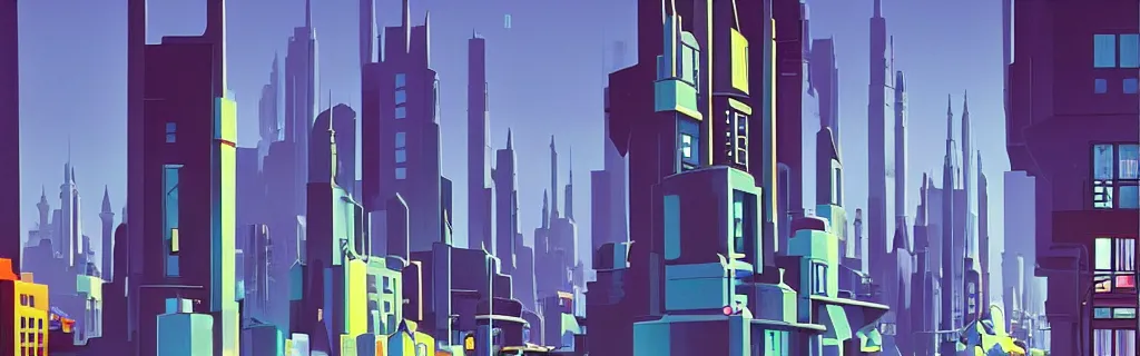 Image similar to sci - fi city street with faceted angular buildings, modernism, gouache, animated film, stylised, illustration, by eyvind earle, scott wills, genndy tartakovski, syd mead