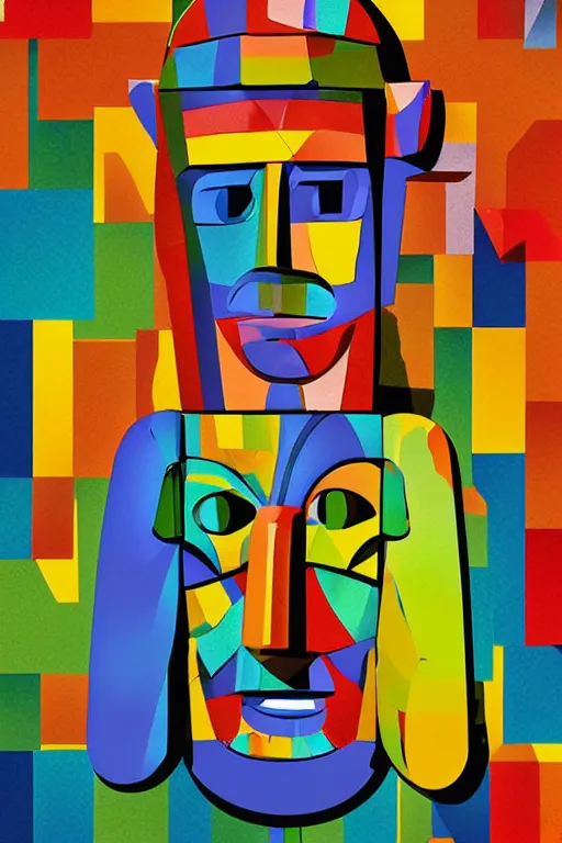 Image similar to cubist moai statue cutout digital illustration cartoon colorful beeple