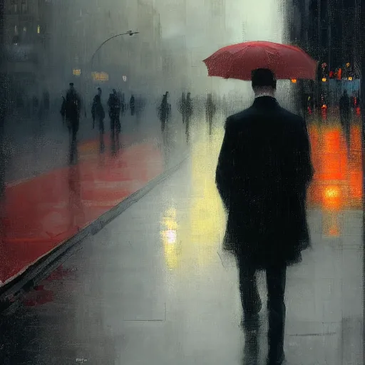 Image similar to man with red umbrella standing in the rain, chicago, art deco, by jeremy mann.