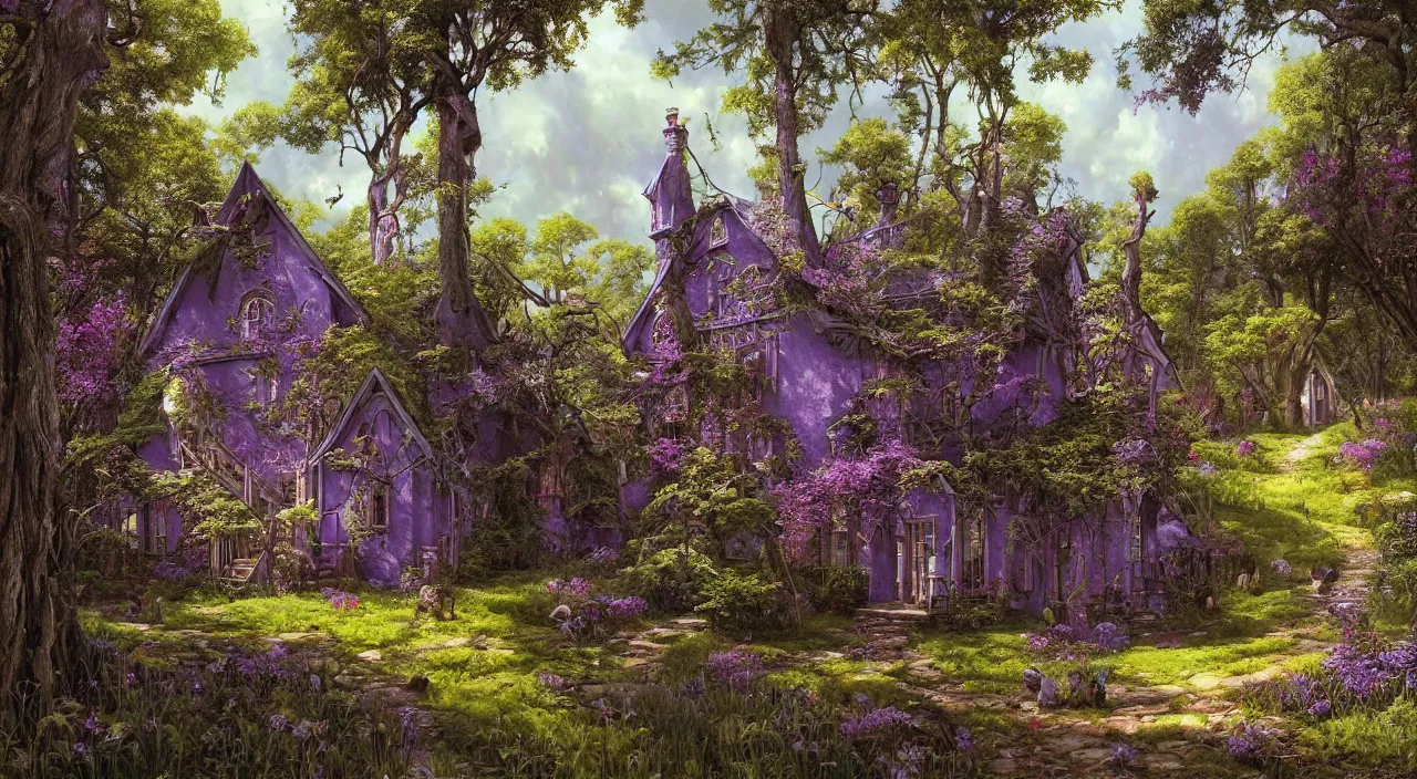 Image similar to hyper realistic homely ornate modern witch cottage distant down a path in the purple swamp gorgeous lighting, blue sky, highly detailed, lush forest by zdzisław beksinski and norman rockwell and greg rutkowskiweta studio, and lucasfilm