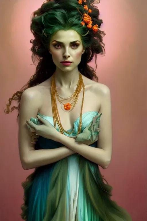 Prompt: highly detailed oil painting, ombre velvet gown, beautiful elegant dryad, beautiful face by leyendecker, feathers, long hair, muted green, cyan, soft pink - orange, dozens of jeweled necklaces, by greg rutkowski, brom, anato finnstark, alphonse mucha, cinematic lighting