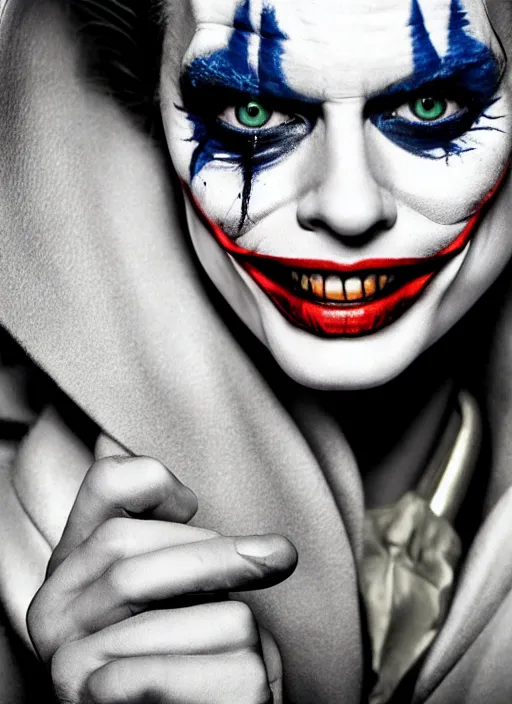 Image similar to photo of Margot Robbie as the Joker by Mario Testino, head shot, detailed, award winning, Sony a7R