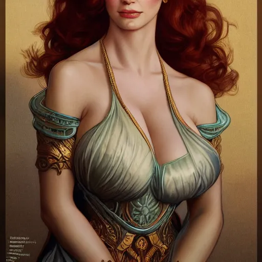 Image similar to christina hendricks on the cover of sports illustrated 1 9 6 5, fantasy, intricate, elegant, highly detailed, digital painting, artstation, concept art, matte, sharp focus, illustration, hearthstone, art by artgerm and greg rutkowski and alphonse mucha