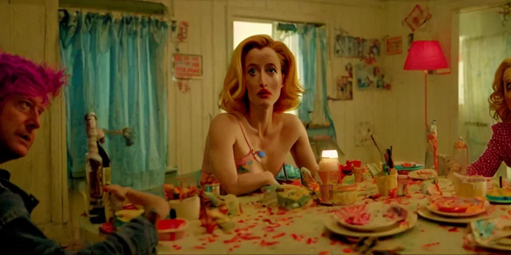 Image similar to a scene from a quirky, bright and cheerful post - apocalyptic movie, starring gillian anderson that fights the dread by decorating the world with kitchy party decorations by director wes andersson and, blue - ray screenshot, filmed by roger deakins