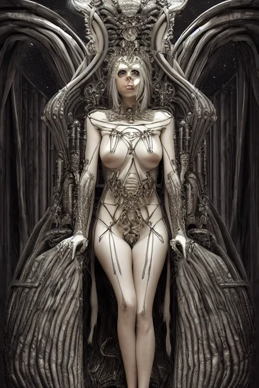 Image similar to Full Body View, Beautiful Face, The Fantasy Goddess Eris, on her Throne, by NIXEU, by HR Giger, by WLOP, by Attila Adorjany