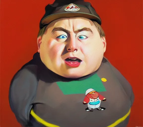 Prompt: a hyper-detailed portrait of Eric Cartman by Craig Mullins; oil on canvas; trending on artstation; 90mm; f/1.4