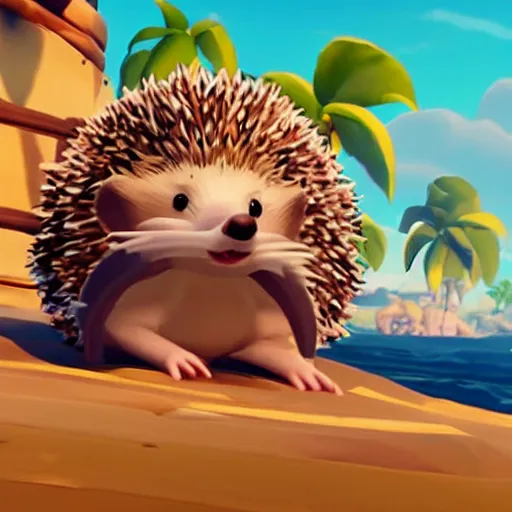 Prompt: hedgehog in a bikini in sea of thieves, hedgehog wearing a bikini, cute, colourful, happy, adorable, funny