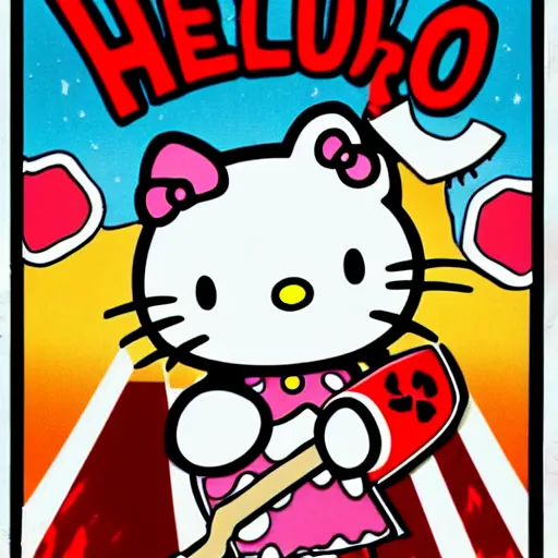 Prompt: a horror movie poster featuring Hello Kitty holding a axe