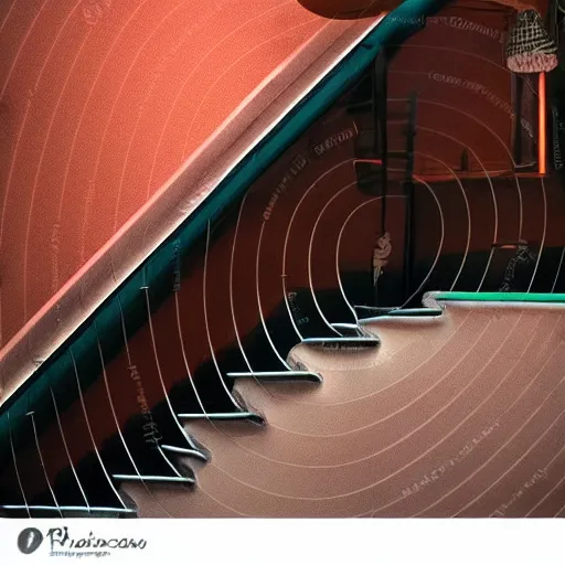Prompt: noisy color photograph of a retrofuturist liminal space, staircase to the surface, minimalist, creepy, cinematic, soft vintage glow