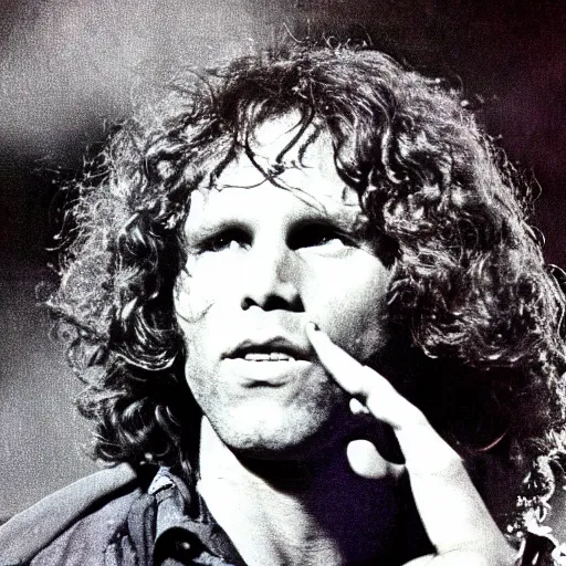 Image similar to HD digital photograph of Jim Morrison, the doors, psychedelic, Paris, light my fire, ultra realistic, powerful, iconic, love peace and unity, hippy, flower power