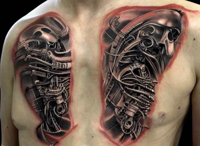 Image similar to biomechanical tattoo, in the style of h. r. giger