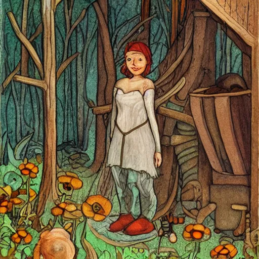 Image similar to the blacksmits’ daughter, working in the forge, a smile at her face, fantasy art in the style of Elsa Beskow,