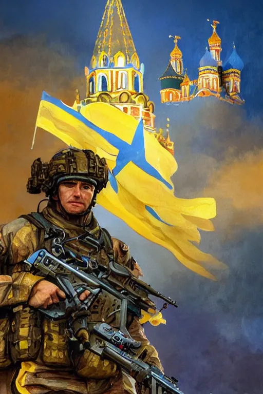 Prompt: special forces soldier raising ukrainian blue and yellow flag on red square kremlin, masculine figure, d & d, fantasy, bright atmosphere, volumetric lights, intricate, elegant, extremely detailed, digital painting, artstation, concept art, matte, smooth, sharp focus, hyper realistic, illustration, art by artgerm and greg rutkowski and alphonse mucha
