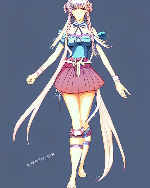 Image similar to cel - shaded anime character, full body design of beautiful fantasy warrior girl in the style of studio ghibli, moebius, ayami kojima, atelier lulua, clean linework